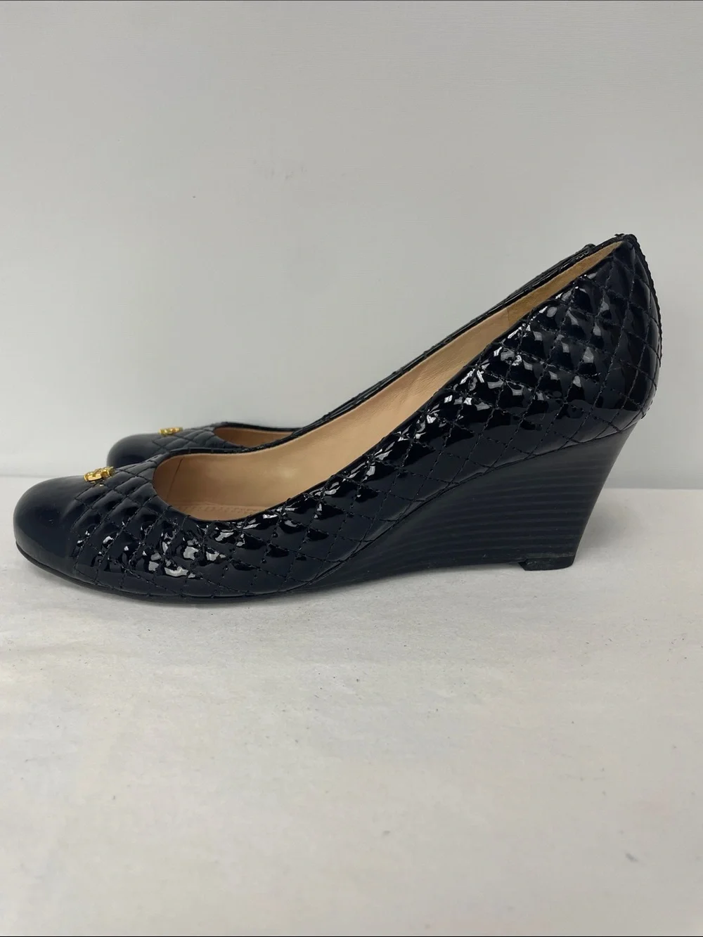 Tory Burch Black Quilted Patent Wedge Pumps, Size 8